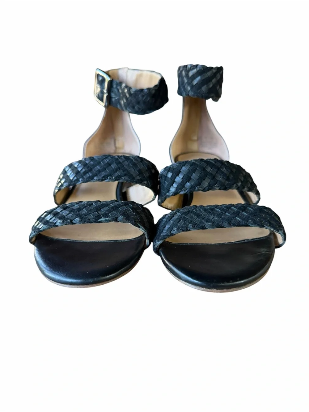 Franco Sarto Black Tate Woven Leather and Fabric Block Heel Sandals Sz 7